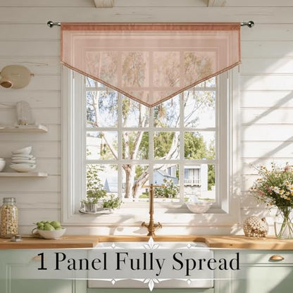 WUBODTI Brown Beaded Sheer Valance Curtains for Kitchen 3PCs, Rod Pocket Boho Crystal Beads Tassel Lace Swag Curtains Farmhouse Sheer Window Valance for Living Room Bedroom Bathroom, Each W51 x L24 - color: Brown