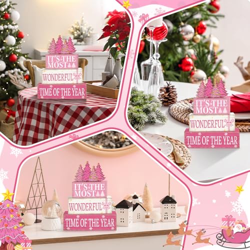 Britimes Pink Christmas Tiered Tray Decor Set, 4 Pack, Wooden Table Sign - style: Christmas Pink Tree