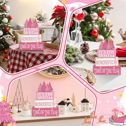 Britimes Pink Christmas Tiered Tray Decor Set, 4 Pack, Wooden Table Sign - style: Christmas Pink Tree