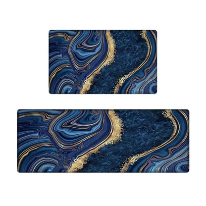 Kitchen Mats Set of 2, Cushioned Anti Fatigue Non Slip Waterproof Runner, Blue Marble and Golden Veins Design, PVC Memory Foam for Kitchen Sink and Laundry - color: Blue Marble