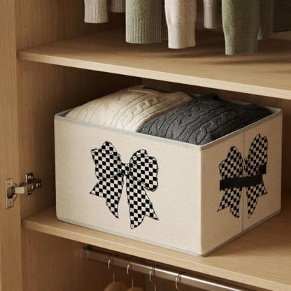 Black and White Checkered Coquette Bow Storage Basket Organizer - color: White Checkered Bow