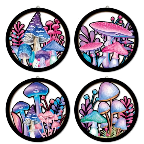 HPNIUB Abstract Whimsical Mushroom Cottage Wall Decor, Watercolor Moody Botanical Plant Moss Hanging Sign, 4 Pieces 10''x10'' Vintage Farmhouse Magical Mushroom Artwork for Bedroom Nursery Home Decor - color: Whimsical mushroom cottage