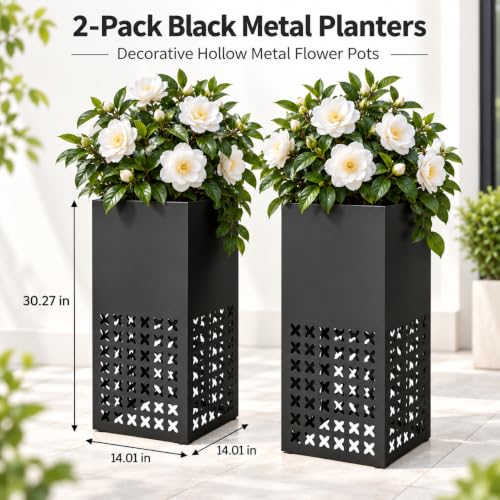 2 Pack Tall Outdoor Planters,14"Lx14'Wx30"H Metal Black Planter for Porch