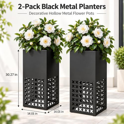 2 Pack Tall Outdoor Planters,14"Lx14'Wx30"H Metal Black Planter for Porch