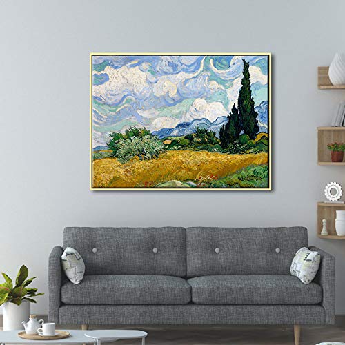 Wieco Art Framed Canvas Art Wheat Field with Cypresses by Van Gogh Classical Paintings Reproduction Modern Canvas Print Wall Art Landscape Pictures Artwork for Home Office Decor - size: 32"L x 24"W
