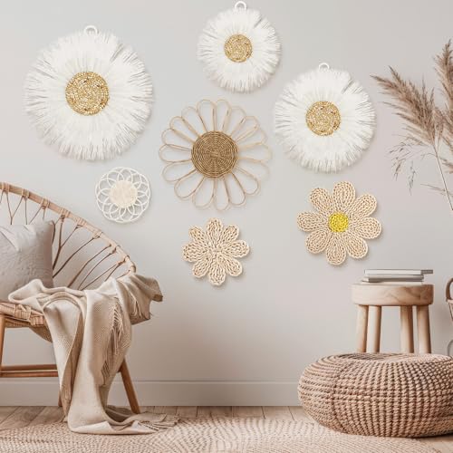 Chunful 7 Pcs Boho Wall Basket Decor Rattan Flower, Milky White - color: Milky White