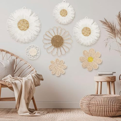 Chunful 7 Pcs Boho Wall Basket Decor Rattan Flower, Milky White - color: Milky White