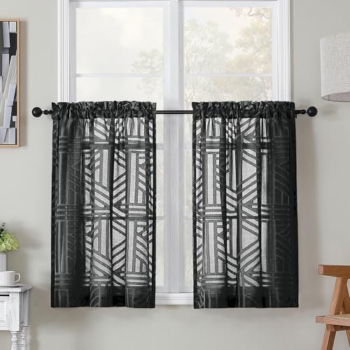 Simplebrand Semi Sheer Black Curtains 36 Inch Length 2 Panels, Geometric Jacquard Clip Textured Short Sheer Curtains for Bedroom?Modern Elegant Window Curtains Panels/Drapes/Treatment, 28x36 inch - color: Black, size: 30"W x 36"L (Pack of 2)