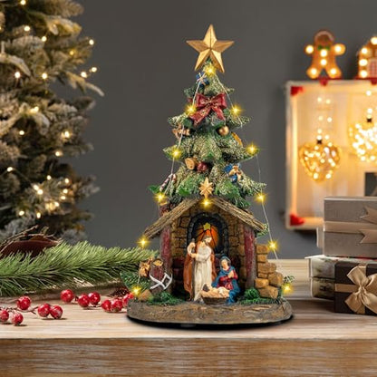 Qualdout Christmas Tree Nativity Scene with Figurines LED Light, Christmas Holy Family Nativity Scene for Xmas Decor Gift, Tabletop Decorative Christmas Ornaments