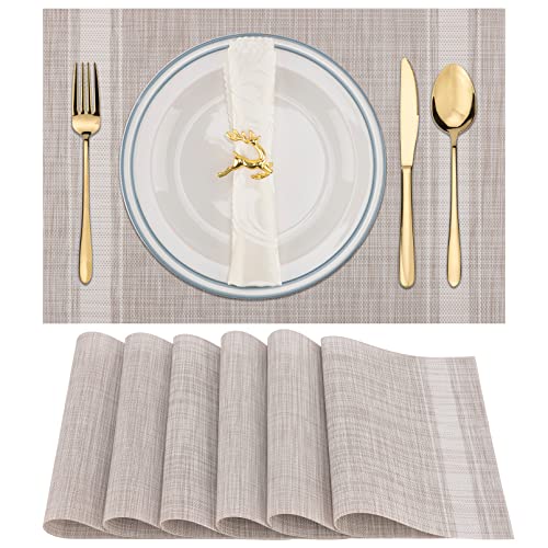 Winknowl Placemats Set of 6, Heat Resistant Non-Slip Vinyl Woven Table Mats for Dining Table, Washable Durable Elegant Place Mats for Kitchen Indoor/Outdoor Use (Beige White) - color: Beige White, size: Set of 6