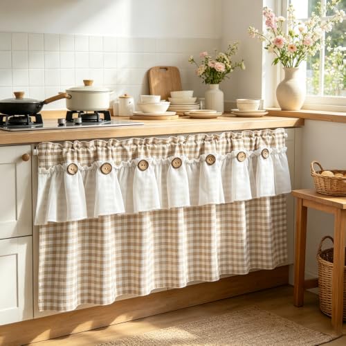 Beige Gingham Checkered Kitchen Short Curtain with Ruffle & Wooden Buttons - size: 55"W x 20"L (Pack of 1)