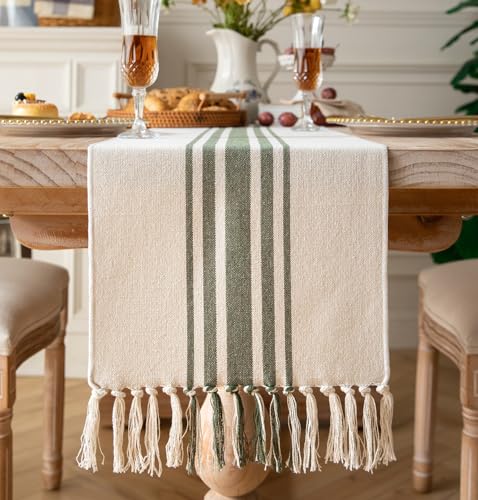 Caflife Boho Table Runner for Modern Farmhouse Decor, Dining Table décor 13 x 72 Inch Long with Handcrafted Tassels, Green and Beige Stripe Table Runner for Home Boho décor - color: Green Beige, size: 13x72Inch