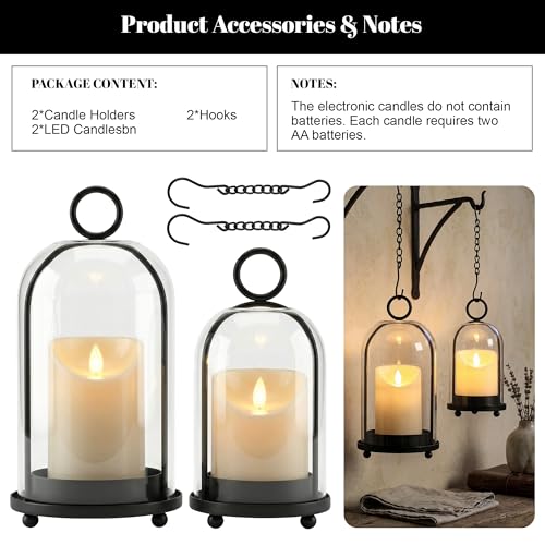 Hurricane Candle Holders Set of 2-10" & 7.8" Black Metal Base with Glass Dome, Includes 2 Pillar Candles, Hanging or Tabletop Centerpiece (Batteries Not Included)