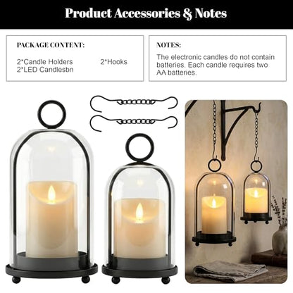 Hurricane Candle Holders Set of 2-10" & 7.8" Black Metal Base with Glass Dome, Includes 2 Pillar Candles, Hanging or Tabletop Centerpiece (Batteries Not Included)