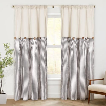 ASPMIZ Cotton Linen Farmhouse Curtains Boho Rustic Button Panel, Country Window Curtain & Drapes, Brown Stripe Modern Curtains for Living Room, Back Tab & Rod Pocket Curtain 52 x 84 Inch, 2 Panels - color: Beige&brown, size: 52"W x 84"L (Pack of 2)