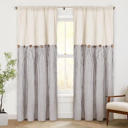 ASPMIZ Cotton Linen Farmhouse Curtains Boho Rustic Button Panel, Country Window Curtain & Drapes, Brown Stripe Modern Curtains for Living Room, Back Tab & Rod Pocket Curtain 52 x 84 Inch, 2 Panels - color: Beige&brown, size: 52"W x 84"L (Pack of 2)
