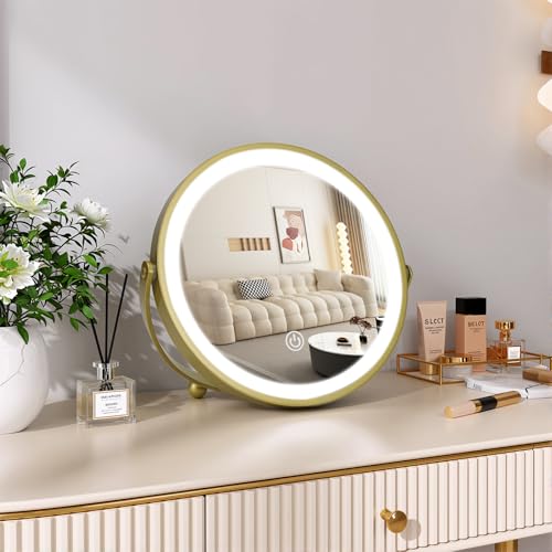 Vanity Mirror with Lights, 8" LED Makeup Mirror Built-in 1500mAH Lithium Battery, HD Professional Mirror, Smart Touch with 3-Color Lighting, Dimmable, Lighted Up for Makeup Desk, Travel (Gold) - color: Gold, size: 8"L x 8"W