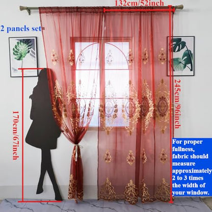Amidoudou Rod Pocket Curtains European Luxury Sheer Embroidered Curtains for Living Room Bedroom (Red,52" W x 96" L (Pack of 2)) - color: Red, size: 52"W x 96"L (Pack of 2)
