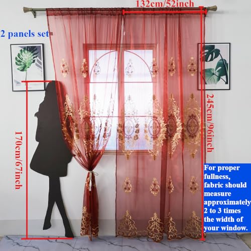 Amidoudou Rod Pocket Curtains European Luxury Sheer Embroidered Curtains for Living Room Bedroom (Red,52" W x 96" L (Pack of 2)) - color: Red, size: 52"W x 96"L (Pack of 2)