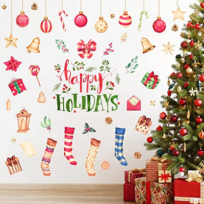 Happy Holiday Wall Stickers Christmas Window Stickers with Socks Candy Copper Bell Decals Removable Vinyl Wall Decals Window Xmas Self-Adhesive Holiday Home Decoration - color: Christmas-14