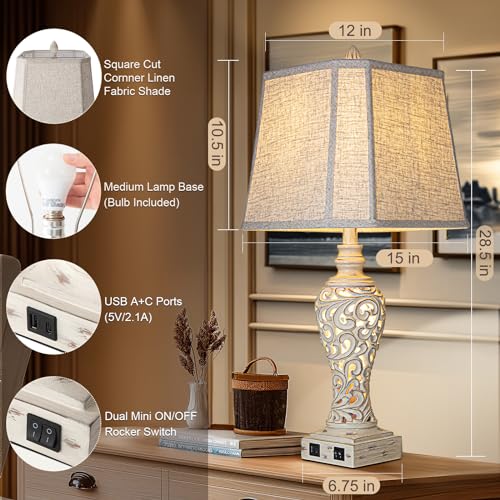 LuxSight Collection 28.5" Table Lamps Set of 2 with Nightlight for Bedroom - color: Cream-Set of 2, size: 28.5 inch