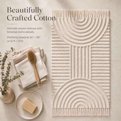 Beautiful Boho Rug with Tassels for Bathroom - Soft 2x3 ft Cotton - color: Cream, size: 2' x 3' (Rectangular)