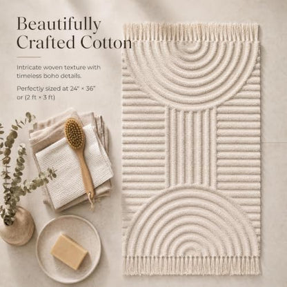 Beautiful Boho Rug with Tassels for Bathroom - Soft 2x3 ft Cotton - color: Cream, size: 2' x 3' (Rectangular)