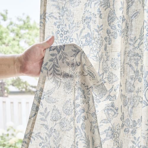 Lazzzy Extra Long Blue Floral Linen Curtains Farmhouse Rod Pocket 2 Panels - color: Blue on Beige, size: 50"W x 108"L (Pack of 2)