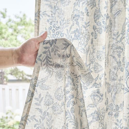 Lazzzy Extra Long Blue Floral Linen Curtains Farmhouse Rod Pocket 2 Panels - color: Blue on Beige, size: 50"W x 108"L (Pack of 2)