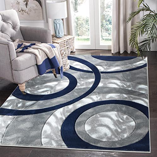 GLORY RUGS Area Rug Modern 5x7 Navy Circles Geometry Soft Hand Carved Contemporary Floor Carpet Fluffy Texture for Indoor Living Dining Room and Bedroom Area - color: Navy, size: 5' x 7' (Rectangular)
