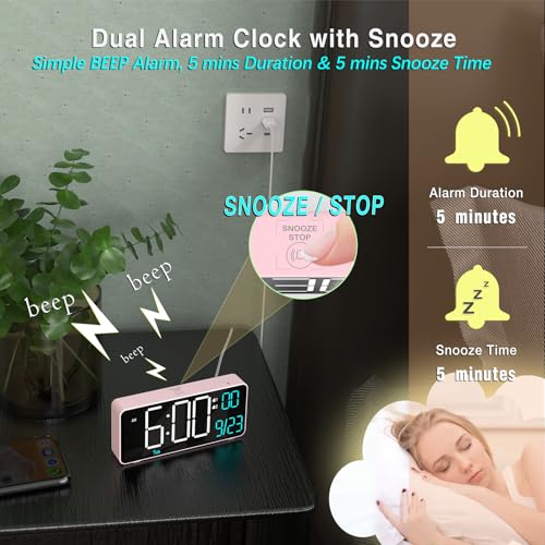 KOSUMOSU Alarm Clocks for Bedrooms, 6.7in Small Digital Clock, Auto Dimming, Room Temperature, Day of The Week, Date, Seconds, Digital Clocks for Living Room, Alarm Clock - color: Pink (White + Blue Digits)