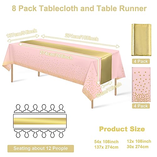 8Pack Disposable Plastic Tablecloths and Satin Table Runner Set Pink and Gold Dot Tablecloth Gold Satin Table Runner for Wedding Birthday Baby Shower Anniversary Christmas New Year Party Supplies - color: Pink and Gold, size: 8 Pack