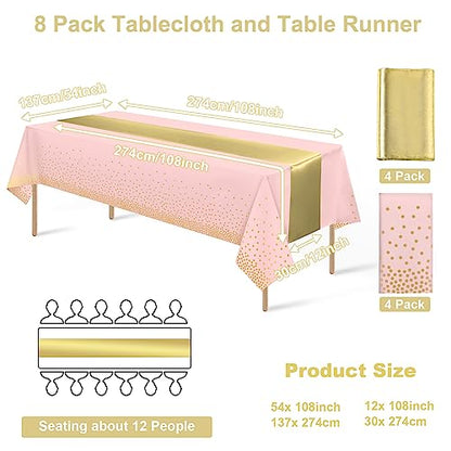 8Pack Disposable Plastic Tablecloths and Satin Table Runner Set Pink and Gold Dot Tablecloth Gold Satin Table Runner for Wedding Birthday Baby Shower Anniversary Christmas New Year Party Supplies - color: Pink and Gold, size: 8 Pack