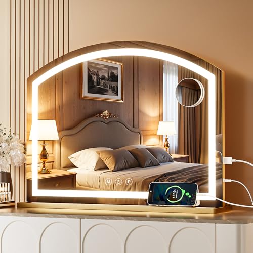 Hasipu Arch Vanity Mirror with Light, Arched Led Makeup Mirror with 10X Magnification, Tabletop Desk Mirror with USB Charging Port, Dimmable 3 Colors Mode, 32" x 24" Inch Gold - size: 32"L x 24"W