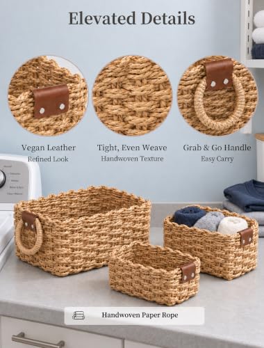 Small Wicker Baskets, 3 PCS Paper Rope Baskets for Shelves, Brown - color: Brown