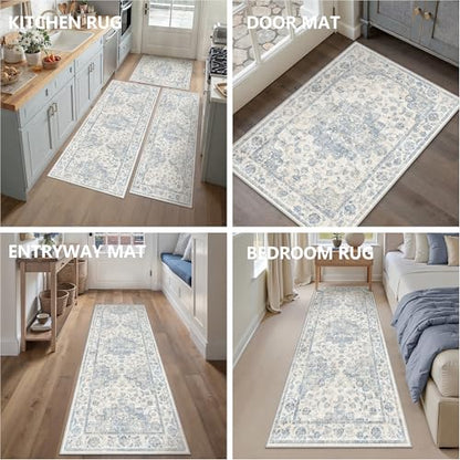 Washable Neutral Blue Kitchen Runner Rug Set of 3 - color: Neutral | Blue, size: 20"x32"+20"x48"+30"x50"