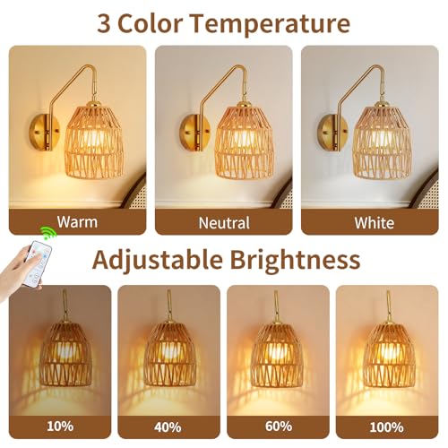 Rattan Battery Operated Wall Sconce Set of Two,Rechargeable,Remote