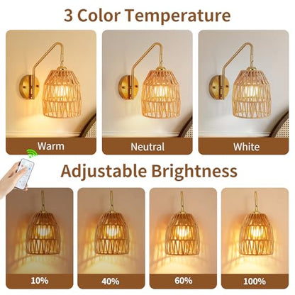 Rattan Battery Operated Wall Sconce Set of Two,Rechargeable,Remote