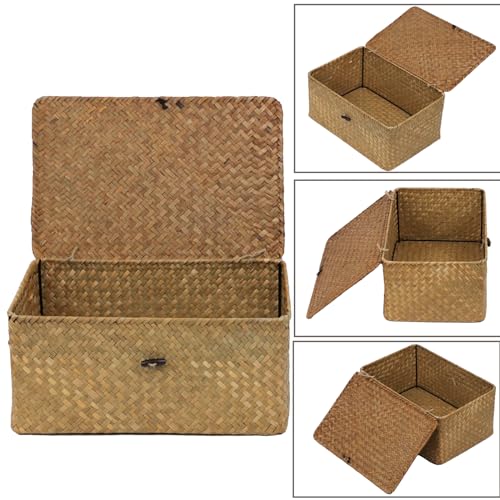 Seagrass Wicker Storage Basket with Lid, Large, Natural - color: Natural, size: 13" x 8.66" x 6.1"