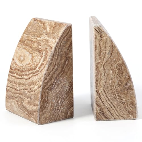Koville Travertine Bookends for Shelves, Large Stone Bookends for Heavy Books, Non-Slip Heavy Duty Book Stopper for CD/Movies, Aesthetic Decorative Book Ends for Bookshelf Table Home Decor(Brown) - color: Sail-brown Travertine