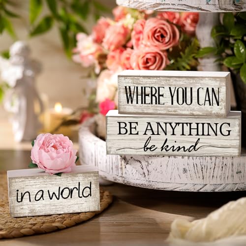 Yuntau 4 Pcs Farmhouse Tiered Tray Decor, Be Kind Block Sign with Flower - style: Flower