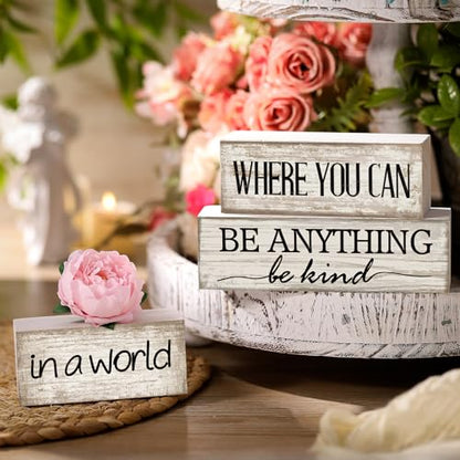 Yuntau 4 Pcs Farmhouse Tiered Tray Decor, Be Kind Block Sign with Flower - style: Flower