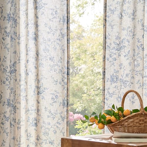 jinchan Linen Curtains 63 inch Blue Floral Farmhouse Rod Pocket 2 Panels - color: Amlie Blue, size: 50"W x 63"L (Pack of 2)