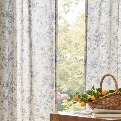 jinchan Linen Curtains 63 inch Blue Floral Farmhouse Rod Pocket 2 Panels - color: Amlie Blue, size: 50"W x 63"L (Pack of 2)