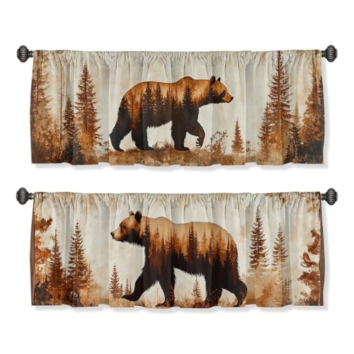 Vintage Bear Valance Curtain for Windows 2 Pack Wildlife Forest Country Nature Rod Pocket Printed Curtain Valances Short Tier Curtains for Living Room Bathroom Bedroom 54x18 Inch - color: Vintage Bear