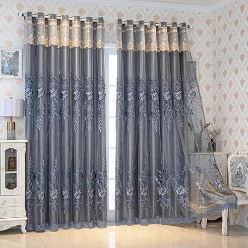 Amidoudou 1 Pair European Double Layer Curtains for Living Room Bedroom Luxury Peacock Flower Embroidered Curtains with Valance (Grey,51x90 Inch) - color: Grey, size: 51"W x 90"L (Pack of 2)