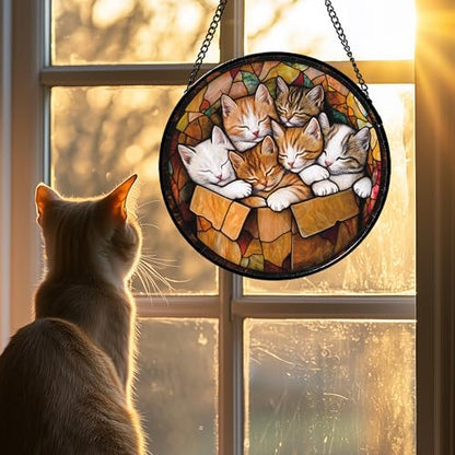 Sleeping Kittens Stained Glass Window Hanging Suncatcher Gifts 12" - color: Brown and White, size: 11.8x11.8 IN
