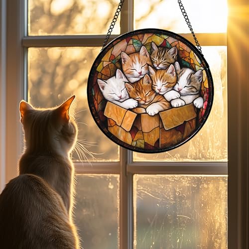 Sleeping Kittens Stained Glass Window Hanging Suncatcher Gifts 15" - color: Brown and White, size: 15x15 IN