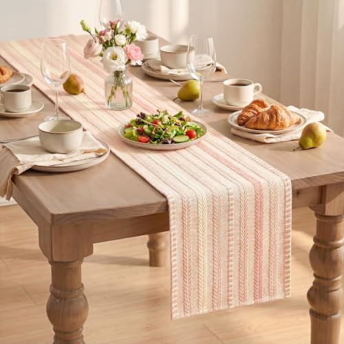 Artoid Mode Pink Farmhouse Stripe Braided Table Runner 12x72 Inch - color: Pink, size: 12" x 72", Table Runner