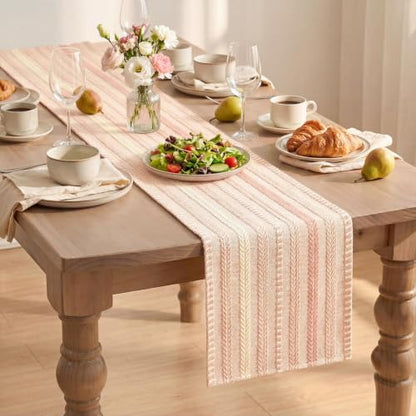 Artoid Mode Pink Farmhouse Stripe Braided Table Runner 12x72 Inch - color: Pink, size: 12" x 72", Table Runner